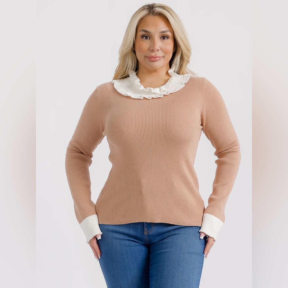054 PLUS Identity Long Sleeve Ruffle Collar Detail Ribbed Top